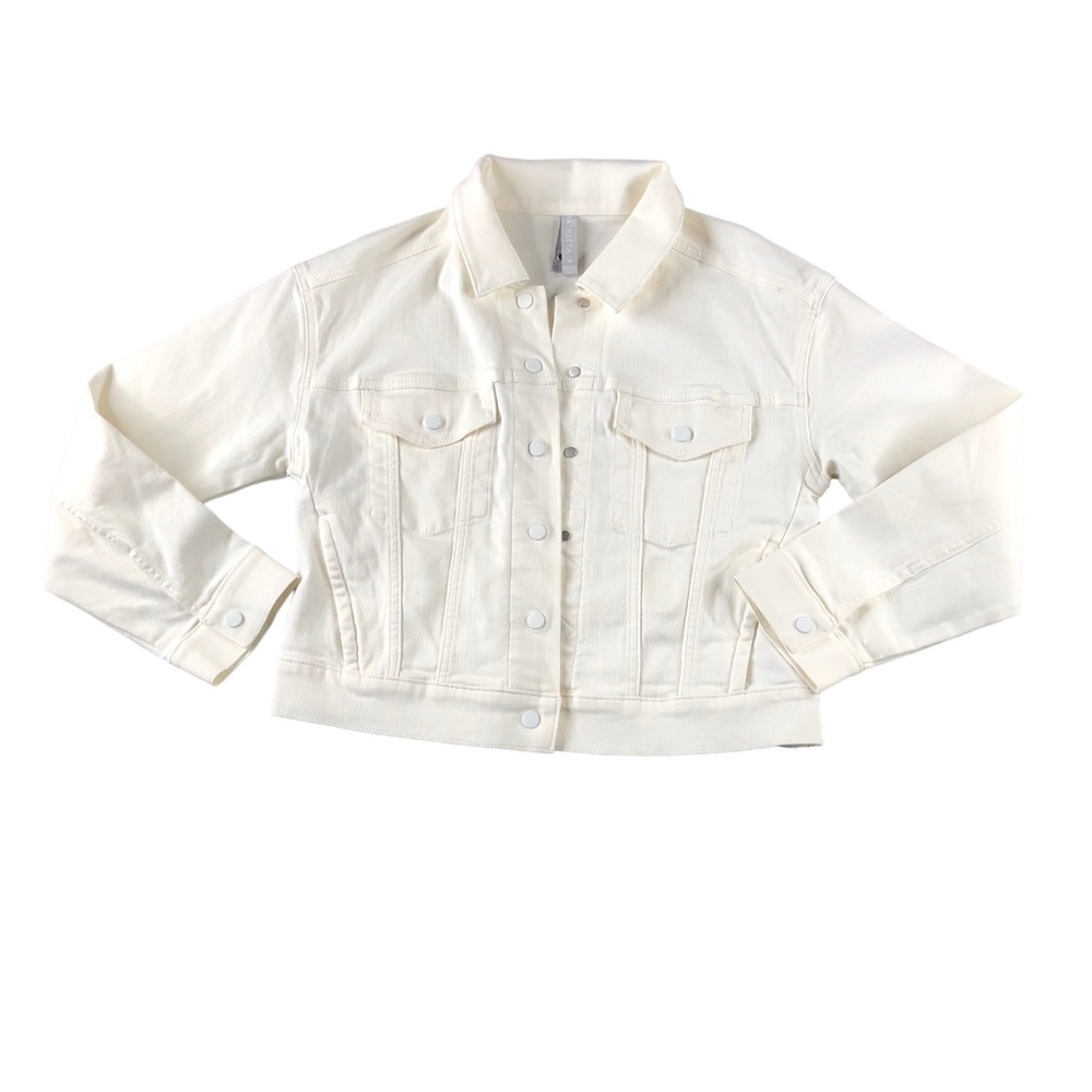 NWT Athleta Womens Medium White Double Time Denim Jacket, Semi Fitted, Classic